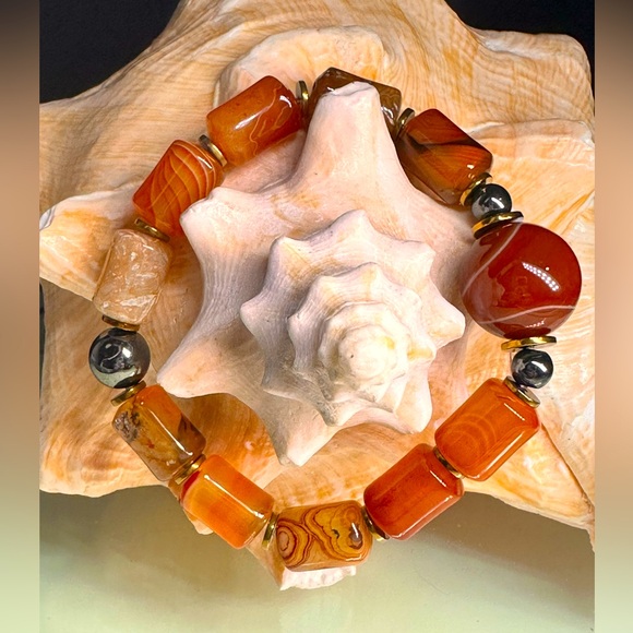 STRIPED AGATE + HAEMACHATES NATURAL STONES BRACELET size 7” - Picture 1 of 12